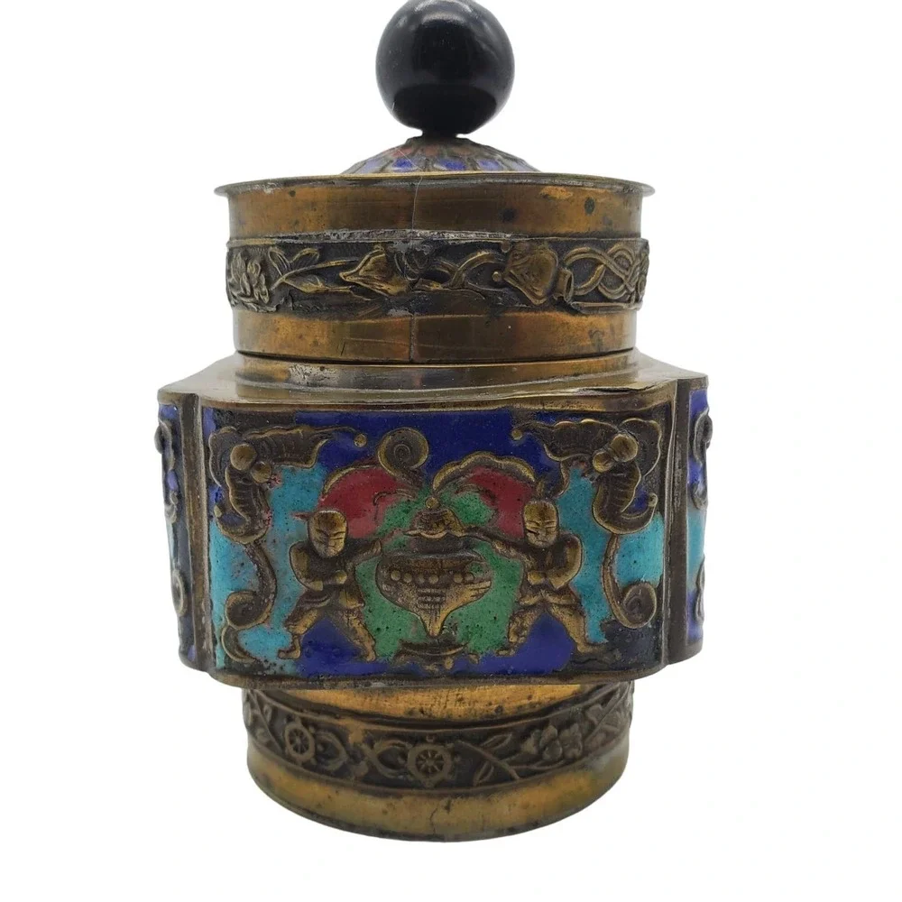 Brass Cloisonné Enamel Hexagonal Trinket Box Jewel Tone Floral Panels Boho Decor